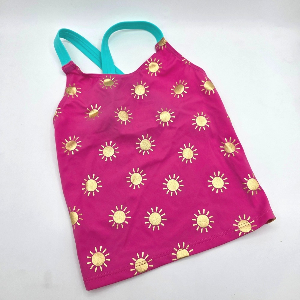Boden Girls Pink Gold Sun Foil Tankini Swim Top Turquoise Cross Back Size 6-7Y